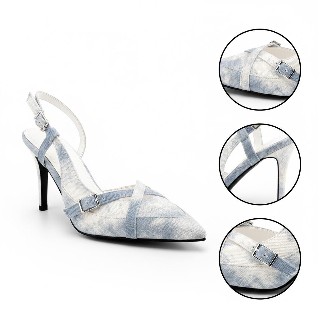 Tuhoomall Stylish High Heel Pumps for Office, Daily Wear, Featuring Pointed Toe and Buckle Closure, Comfortable 3.1 Inch Heels, Rubber Sole, Denim Material Tuhoomall