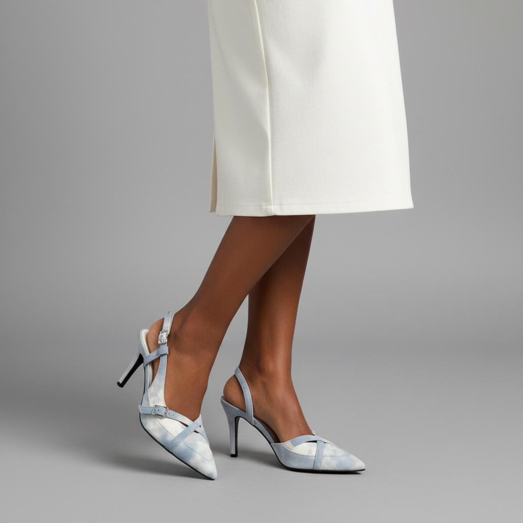 Tuhoomall Stylish High Heel Pumps for Office, Daily Wear, Featuring Pointed Toe and Buckle Closure, Comfortable 3.1 Inch Heels, Rubber Sole, Denim Material Tuhoomall