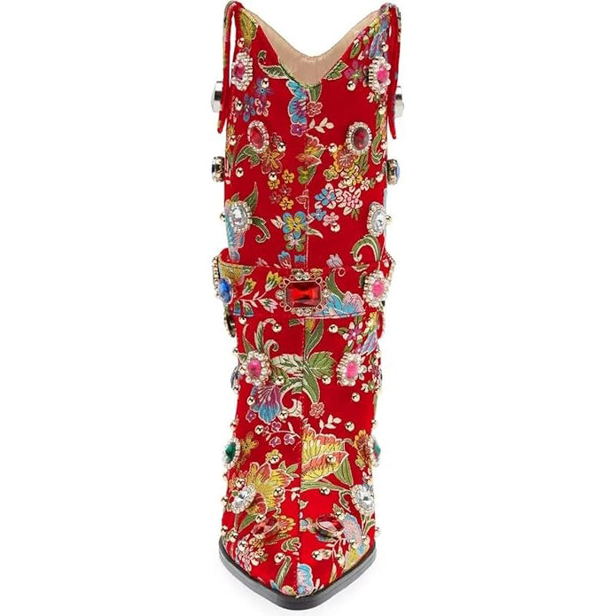 Tuhoomall Western Floral Embroidered Rhinestone Mid Calf Boots for Women, Chunky Heel, Water-Resistant Satin, Stylish for Spring Autumn Winter
