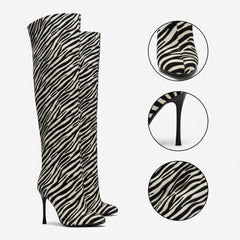 Tuhoomall Over-The-Knee High Heels Boots for Party, Runway Performance, Vegan-Friendly with Striped and Zebra Patterns