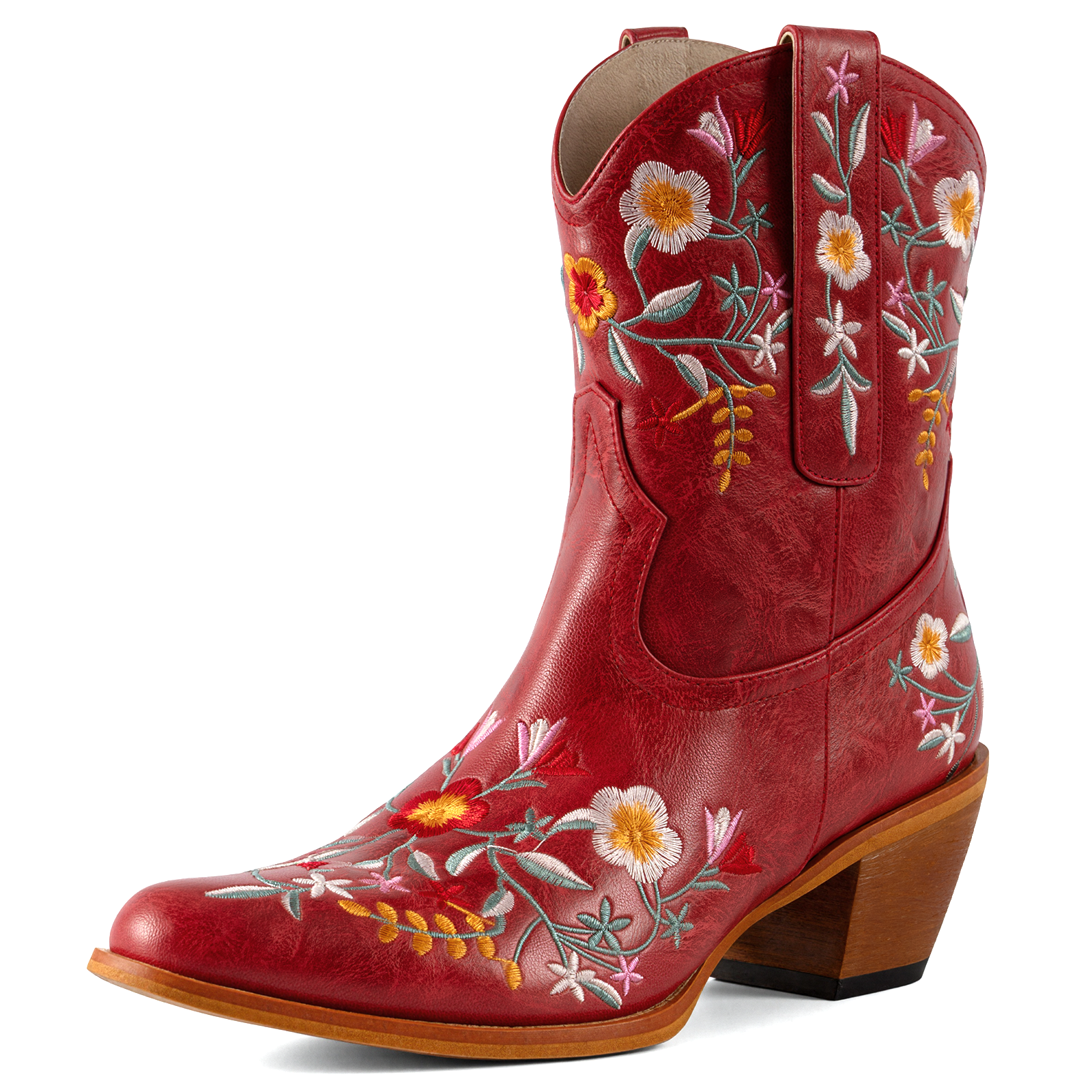 Tuhoomall Stylish Western Ankle Boots with Floral Embroidery, Rubber Sole, Chunky 5cm Heel for Classic and Casual Looks