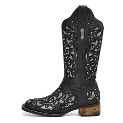 Tuhoomall Western Style Embroidered Mid-Calf Boots For Fashion, Travel, Outdoor - Chunky Heel, Faux Suede, Slip-On, Rhinestones, 3cm Heel Height
