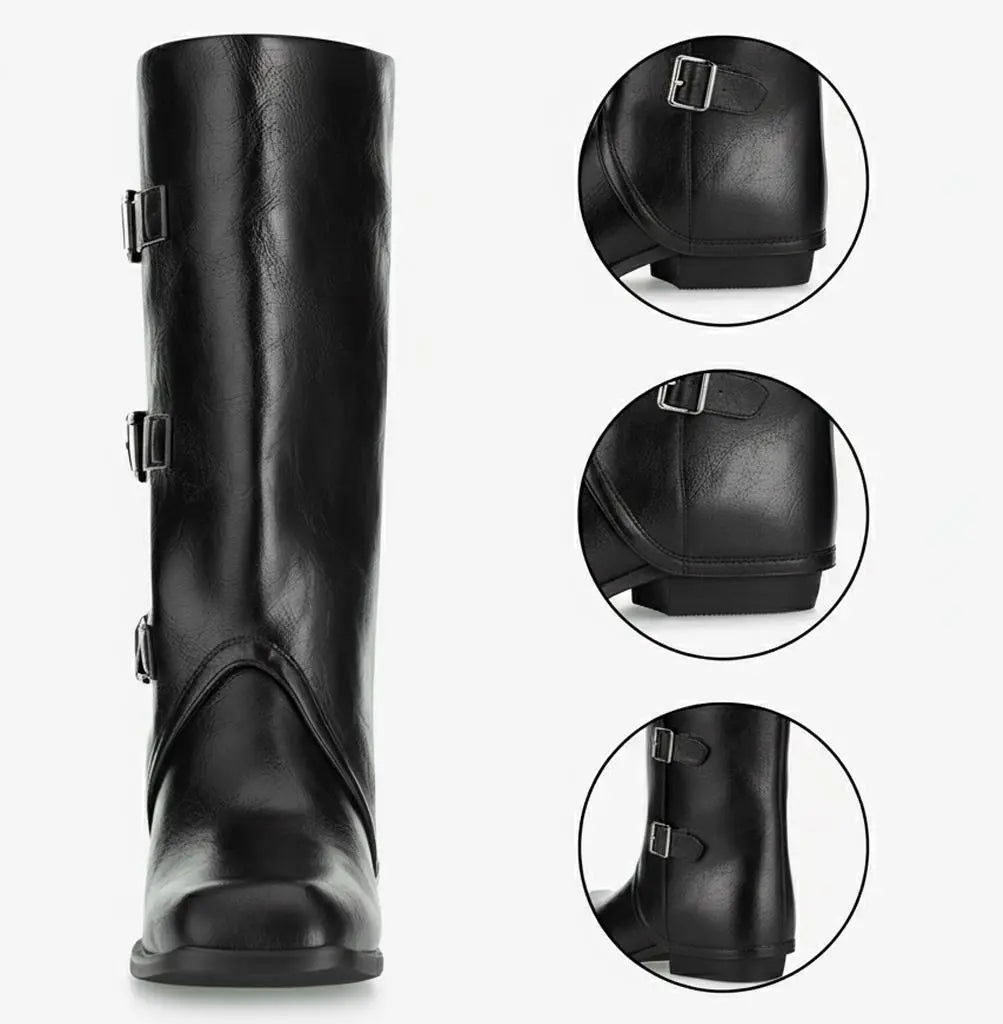 Tuhoomall Foldable Mid-Calf Chunky Heel, Stylish Adjustable Metallic Buckle, Perfect For Casual And Formal Occasions Tuhoomall