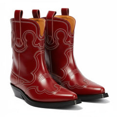 Tuhoomall Chic Mid Calf Western Boots For Women | Floral Embroidery | Slip-On Chunky Heel | Casual Fashion Footwear For Travel