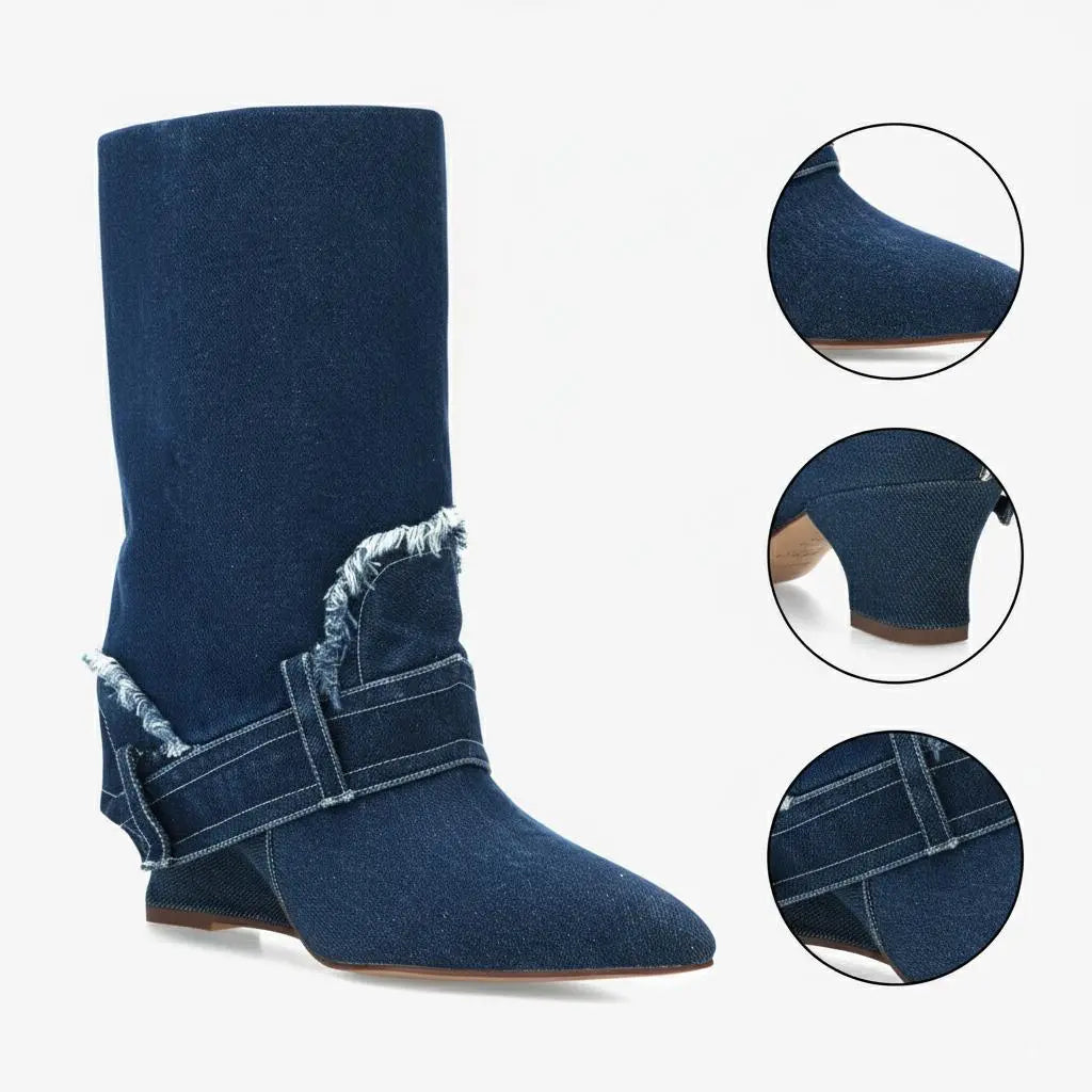 Tuhoomall Women's Short Denim Ankle Boots, Stylish Wedge Heel, Foldable Cuff, Perfect for Formal and Casual Events Tuhoomall