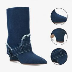 Tuhoomall Women's Short Denim Ankle Boots, Stylish Wedge Heel, Foldable Cuff, Perfect for Formal and Casual Events Tuhoomall