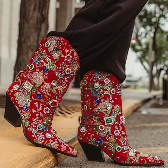 Tuhoomall Western Floral Embroidered Rhinestone Mid Calf Boots for Women, Chunky Heel, Water-Resistant Satin, Stylish for Spring Autumn Winter