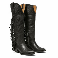 Tuhoomall Western Knee-High Boots with 2-Inch Chunky Heel, Embroidered Vegan Leather, Fringe Detail for Travel and Casual Style