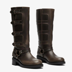 Tuhoomall Vintage Stylish Casual Boots for Women, Comfortable Mid-Calf Square-Toe with Chunky Heel, Adjustable Buckle, All-Season Wear Tuhoomall