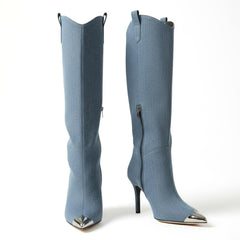 Tuhoomall Stylish High Heel Ankle Boots with Zipper, 10cm Stiletto, Rubber Sole, Metallic Shine, Denim Finish for Fashion, Casual, Office