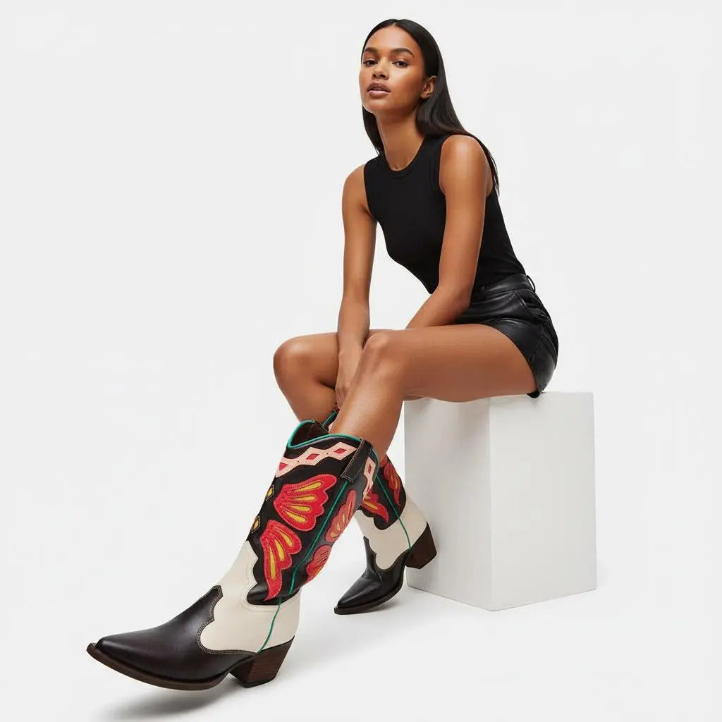 Tuhoomall Western Cowboy Boots for Women, Floral and Animal Print, Chunky Heels, Perfect for Parties and Fashion Events, Easy Slip-On Style Tuhoomall