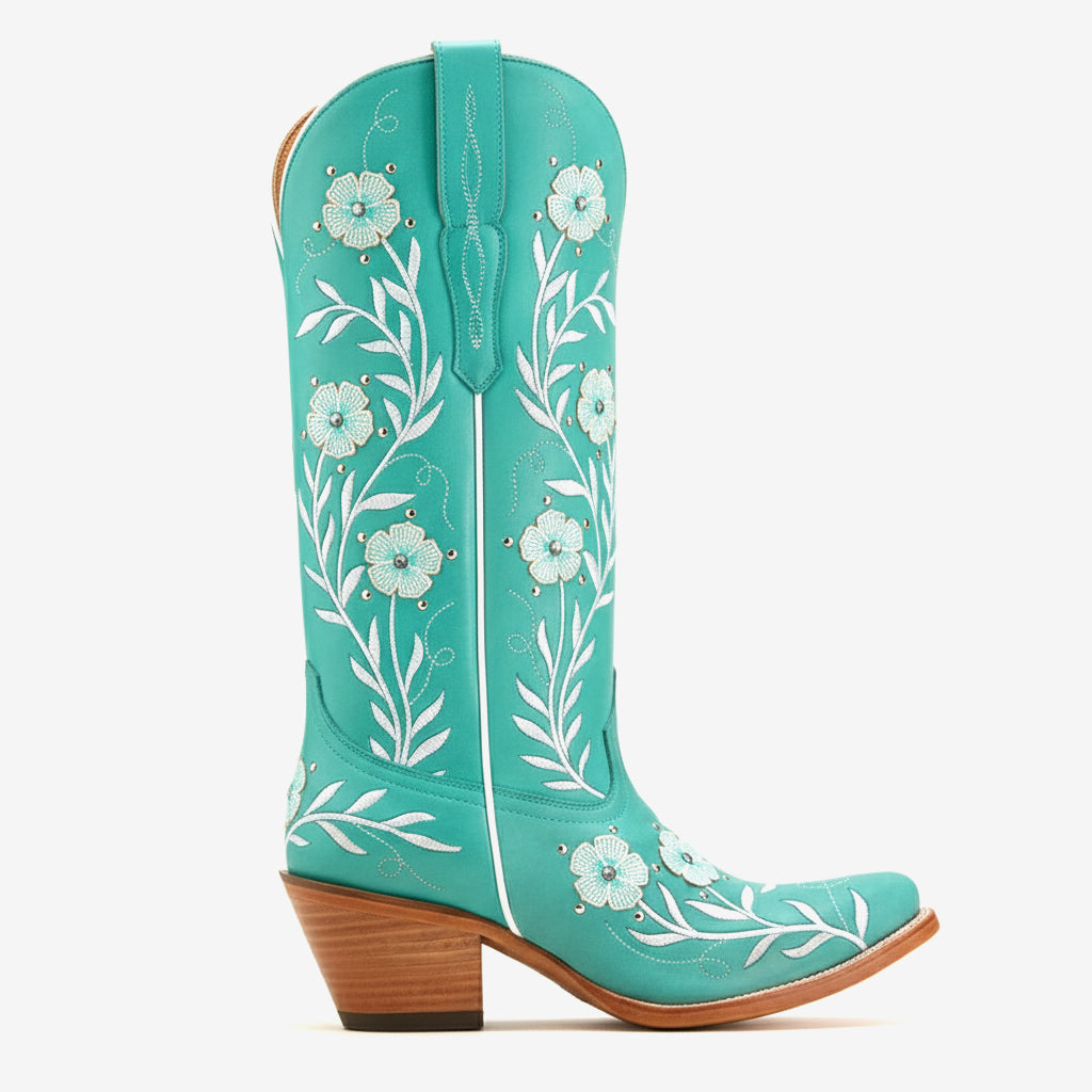 Tuhoomall Western Cowboy Knee High Boots with Floral Embroidery - Comfortable Chunky Heel for Casual, Work, Travel and Party Wear