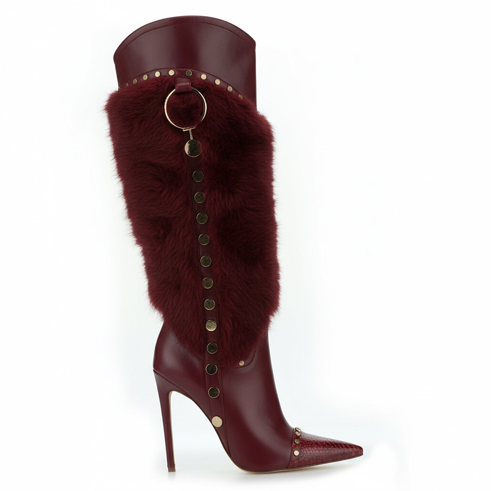 Tuhoomall Heel Fashion Boots for Women, Elegant Pointed Toe High Heels with Studs and Faux Fur, Ideal for Parties and Performances