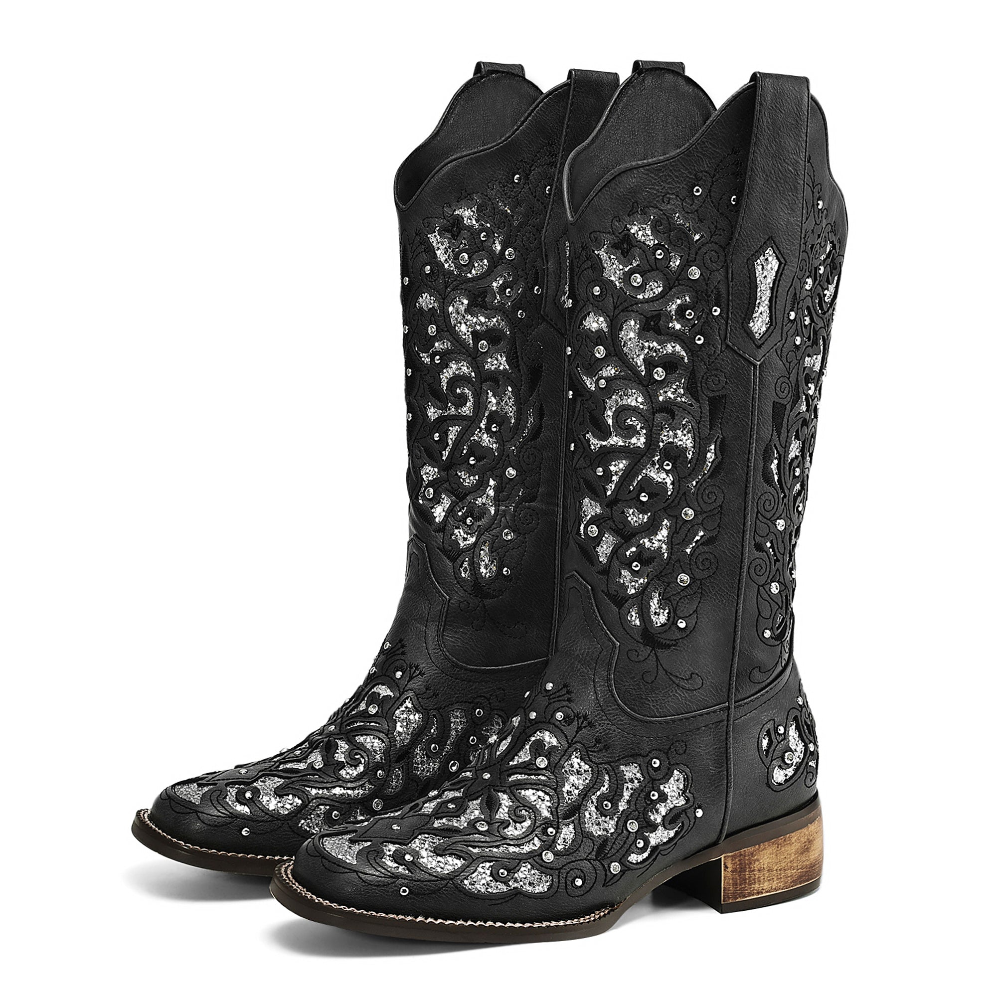 Tuhoomall Western Style Embroidered Mid-Calf Boots For Fashion, Travel, Outdoor - Chunky Heel, Faux Suede, Slip-On, Rhinestones, 3cm Heel Height