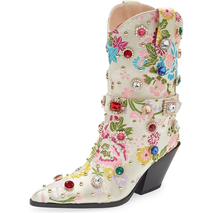 Tuhoomall Western Floral Embroidered Rhinestone Mid Calf Boots for Women, Chunky Heel, Water-Resistant Satin, Stylish for Spring Autumn Winter