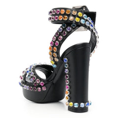 Tuhoomall Stylish Waterproof Platform High Heeled Sandals with Adjustable Ankle Strap and Geometric Rhinestone Design for Summer Elegance