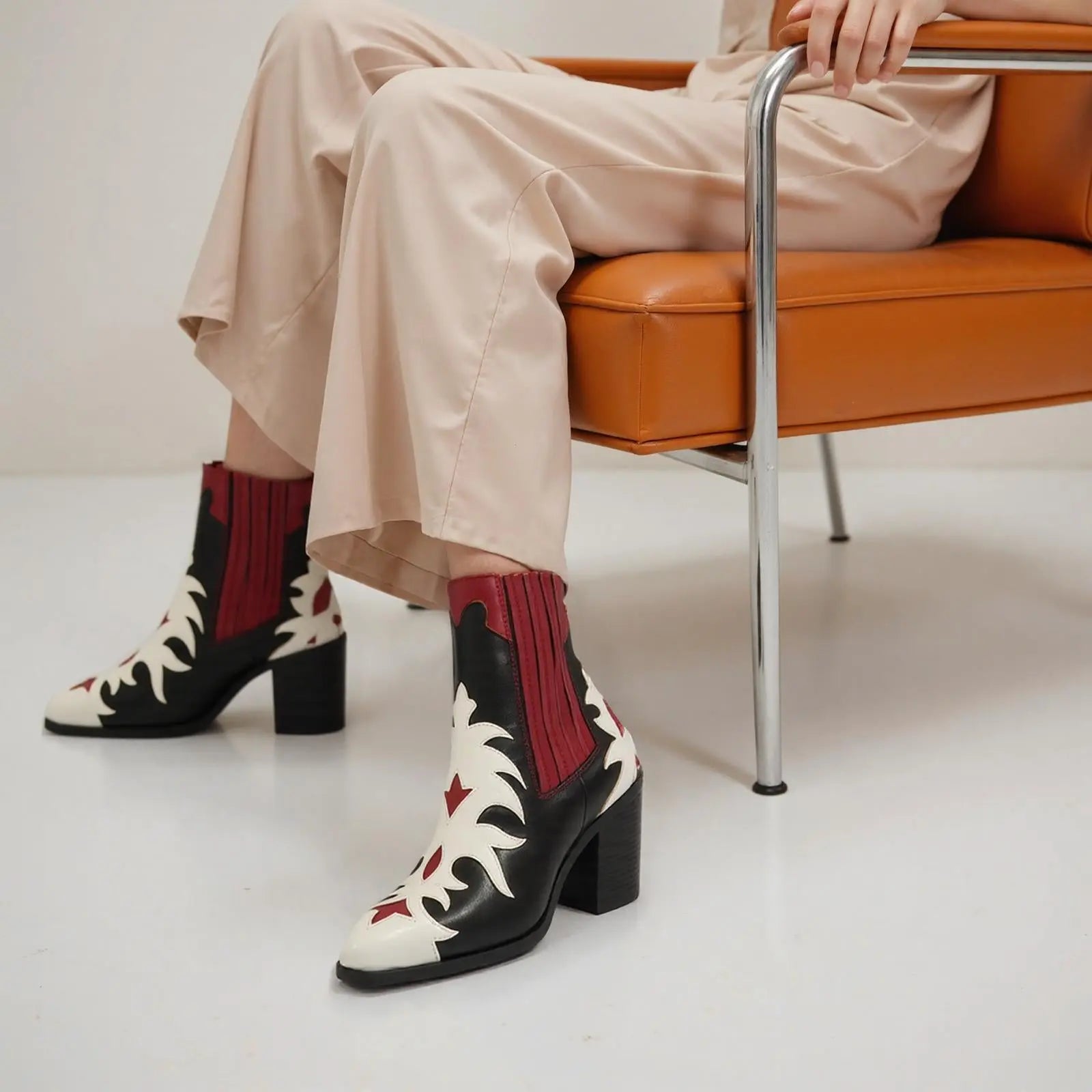 Tuhoomall Fashion Women's Short Boots with Chunky Heel, Pointed Toe, Floral Embroidery, Casual and Business Wear for All Seasons Tuhoomall