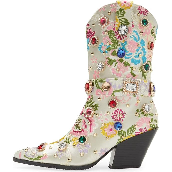 Tuhoomall Western Floral Embroidered Rhinestone Mid Calf Boots for Women, Chunky Heel, Water-Resistant Satin, Stylish for Spring Autumn Winter