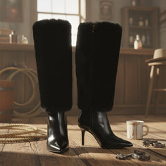 Tuhoomall Knee-High Faux Fur Booties with Zip Closure for Fashion Parties and Performances, Pointed Toe High Heels