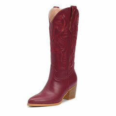 Tuhoomall Western Style Embroidered Mid Calf Boots for Women, Pointed Toe, Chunky Low Heel, Fashionable All-Season Footwear, Perfect for Parties