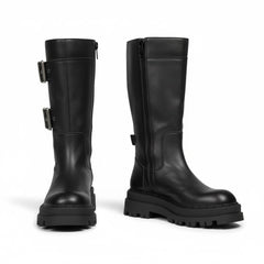 Tuhoomall Comfortable Mid-Calf Boots with Adjustable Metal Buckle for Casual Outdoor Fashion - Rubber Sole, Round Toe, All-Season