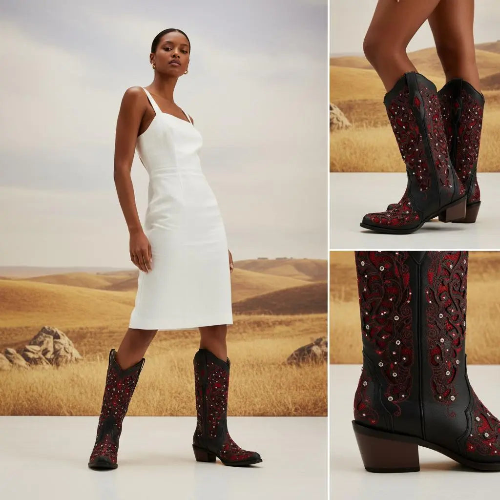 Tuhoomall Western Style Embroidered Mid-Calf Boots For Fashion, Travel, Outdoor - Chunky Heel, Faux Suede, Slip-On, Rhinestones, 3cm Heel Height Tuhoomall