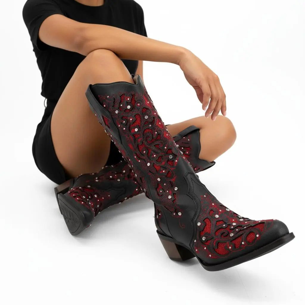 Tuhoomall Western Style Embroidered Mid-Calf Boots For Fashion, Travel, Outdoor - Chunky Heel, Faux Suede, Slip-On, Rhinestones, 3cm Heel Height Tuhoomall