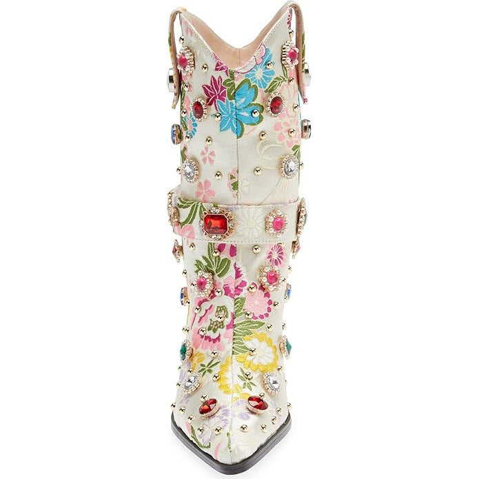 Tuhoomall Western Floral Embroidered Rhinestone Mid Calf Boots for Women, Chunky Heel, Water-Resistant Satin, Stylish for Spring Autumn Winter