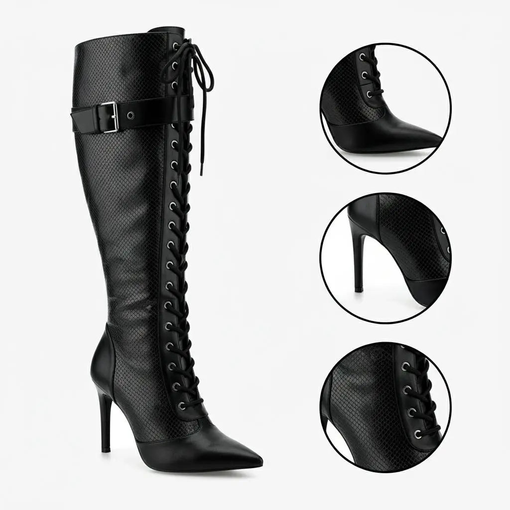 Tuhoomall Fashion Knee-High Boots For Parties, Stylish Pointed Toe With Adjustable Buckle And 9cm Stiletto Heels, Comfortable PU Material, Perfect For All Seasons Tuhoomall