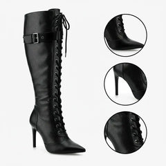 Tuhoomall Fashion Knee-High Boots For Parties, Stylish Pointed Toe With Adjustable Buckle And 9cm Stiletto Heels, Comfortable PU Material, Perfect For All Seasons Tuhoomall
