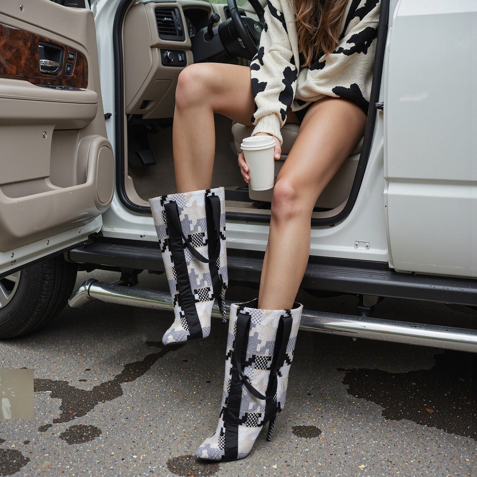 Tuhoomall Chic Black And White Checkered Ankle Boots For Parties And Performances With High Stiletto Heels And Convenient Slip-On Design