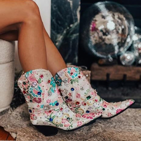 Tuhoomall Western Floral Embroidered Rhinestone Mid Calf Boots for Women, Chunky Heel, Water-Resistant Satin, Stylish for Spring Autumn Winter