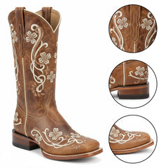 Tuhoomall Retro Floral Embroidered Mid Calf Boots for Women, Comfortable Slip-On Chunky Heel Design, Perfect for Casual Lifestyle