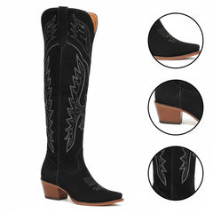 Tuhoomall Faux Suede Knee High Western Boots with Embroidered Eagles for Fashion, Travel, and Parties, 2.36 in Chunky Heel