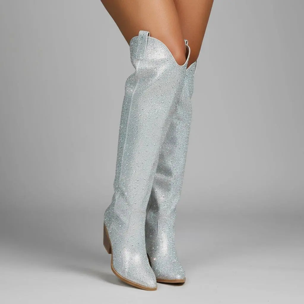 Tuhoomall Western Over-Knee Cowboy Boots With Chunky Heel, Rhinestone-Studded Vegan Leather, Casual All-Season Style, Round Toe, Zipper Closure Tuhoomall