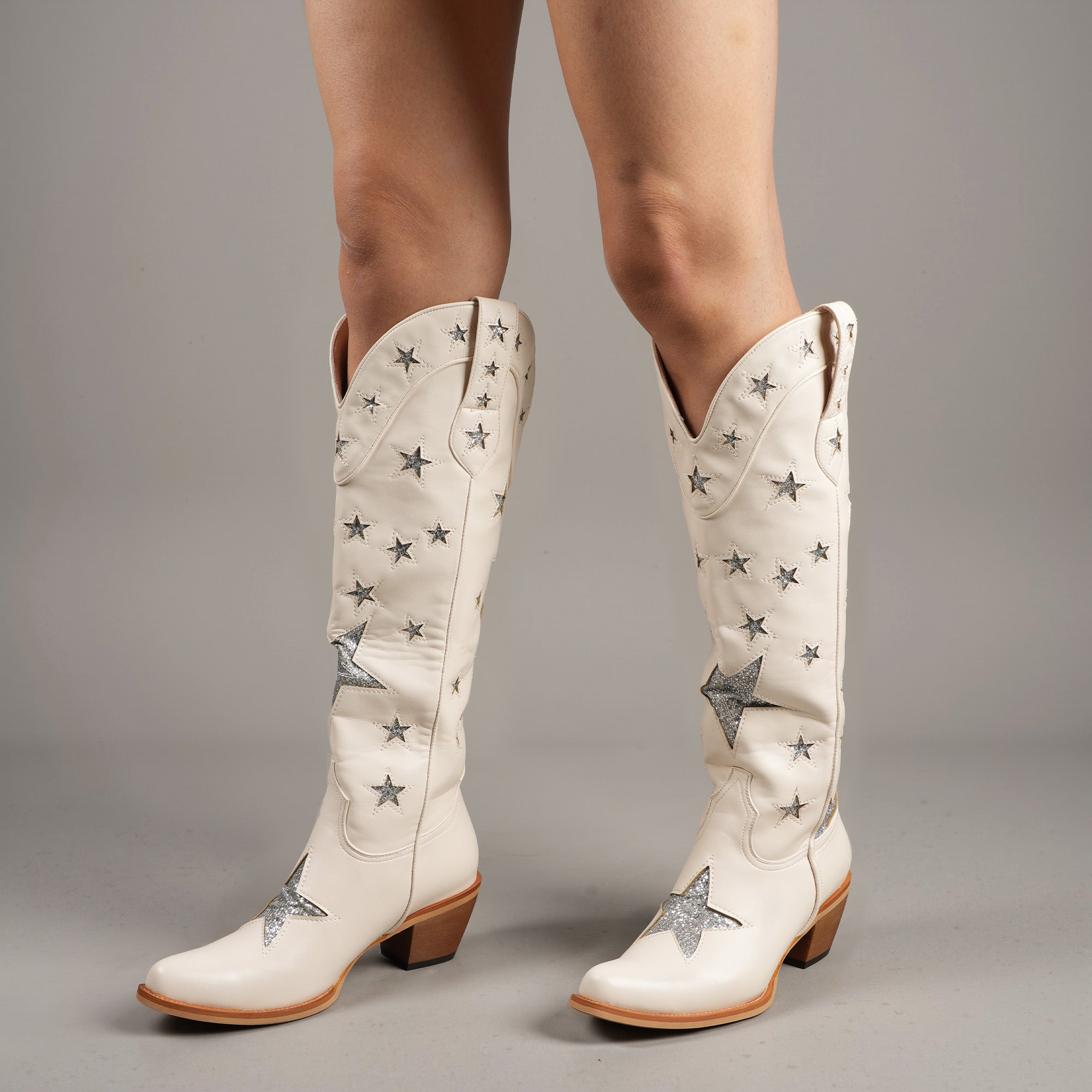 Tuhoomall Black Western Cowgirl Boots With Star Inlay, Chunky Heeled Mid Calf Design, Versatile Style For Weddings And Outdoor Events
