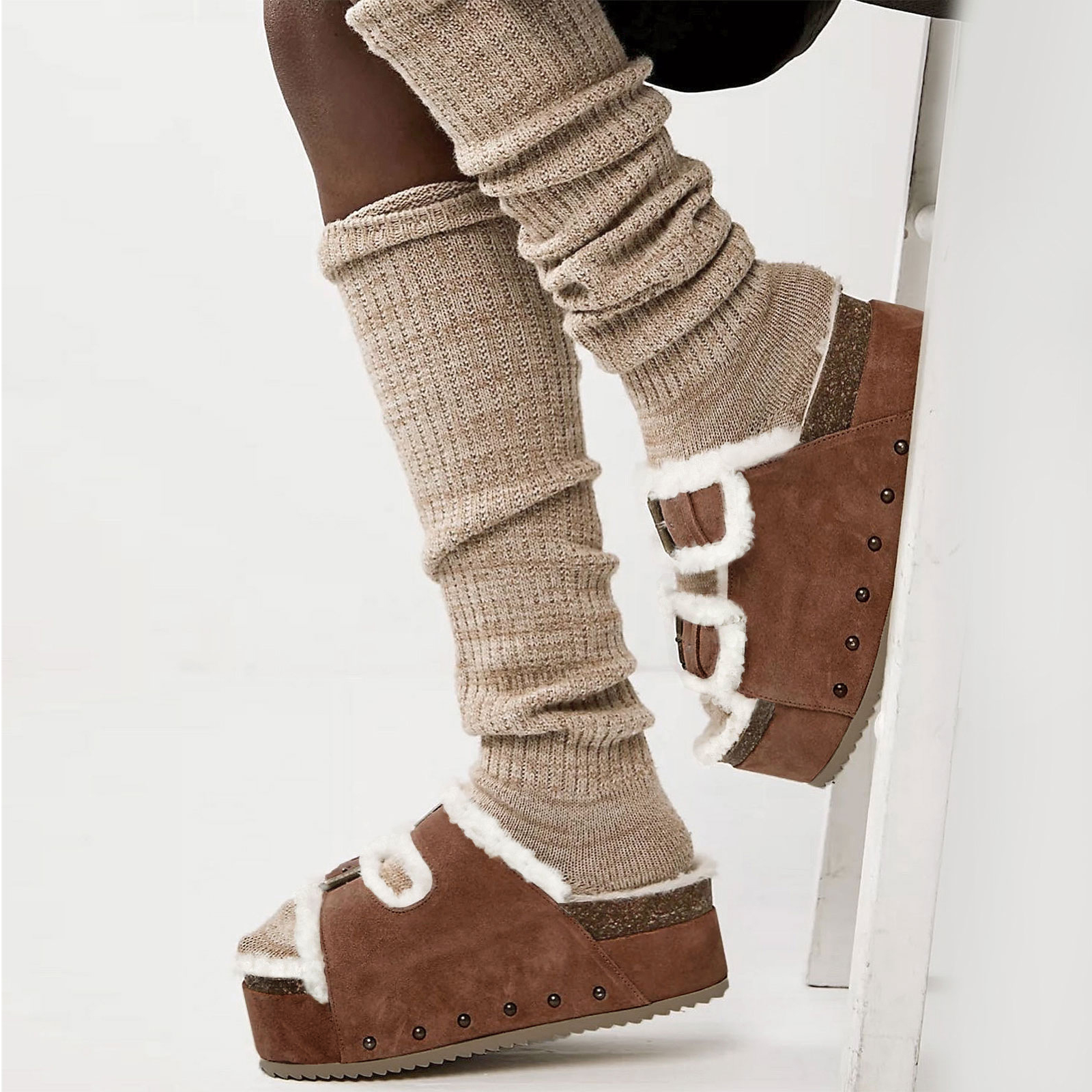Tuhoomall Blue Faux Suede Fur-Lined Studs Double Buckle Strap Round Platform Cork Sandals Slippers