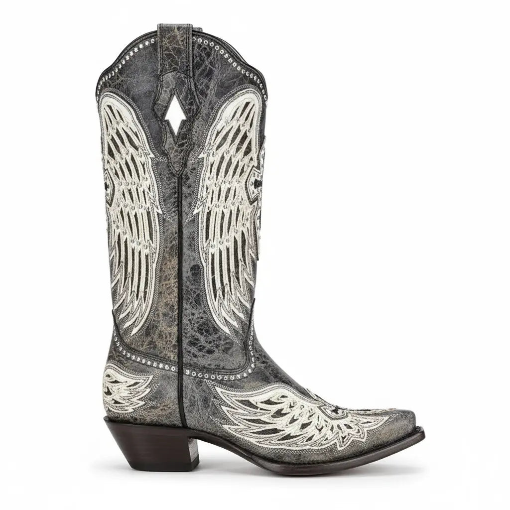 Tuhoomall Western Cowgirl Boots for Women, Chunky Heel Slip-on Mid Calf Boot, Snip-toe Design with Studs and Glitter for Outdoor Performance Tuhoomall