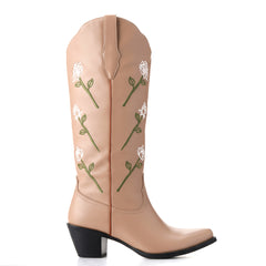 Tuhoomall Western Floral Embroidery Chunky Heel Slip-On Mid Calf Boots for Women, Comfortable Rubber Sole, All-Season Fashion, Durable and Stylish