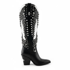Tuhoomall Pointed-Toe Mid Calf Boots With Rhinestones For Fashion Parties | Chunky Heel, PU Upper, All-Season Style