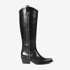 Tuhoomall Western Style Knee-High Fashion Boots with Studded Design, Comfortable Slip-On Chunky Heel for Parties and Casual Wear