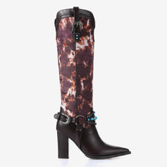 Tuhoomall Western Cowboy Knee High Boots for Women with Studs and Metal Buckle, Chunky Heel for Casual, Theme Parties and Performances