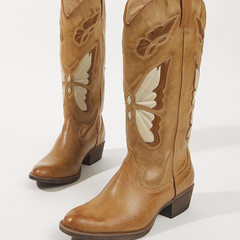 Tuhoomall Tan Butterfly Inlay Wide Calf Retro Cowgirl Tall Boots