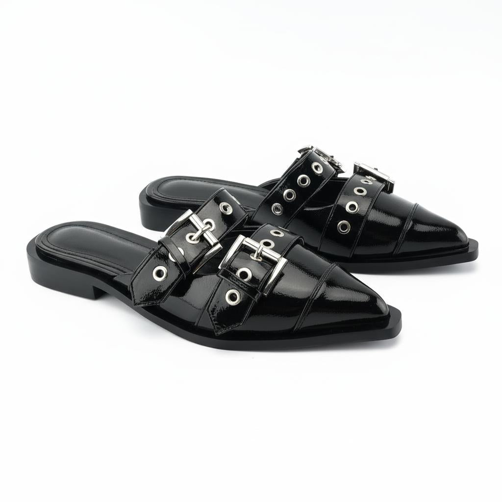 Tuhoomall Comfortable Pointed-Toe Mule Sandals for Summer Travel | Adjustable Metal Button Design | Casual Street Style Tuhoomall