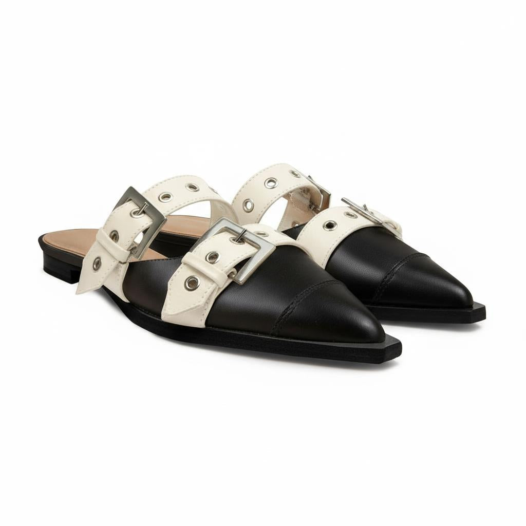 Tuhoomall Comfortable Pointed-Toe Mule Sandals for Summer Travel | Adjustable Metal Button Design | Casual Street Style Tuhoomall