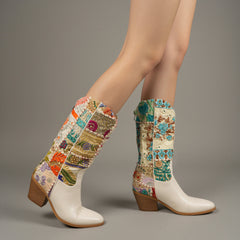 Tuhoomall Ivory Floral Embroidered Crystal Cowgirl Mid Calf Boots with Chunky Heel for Fashion Casual Wear