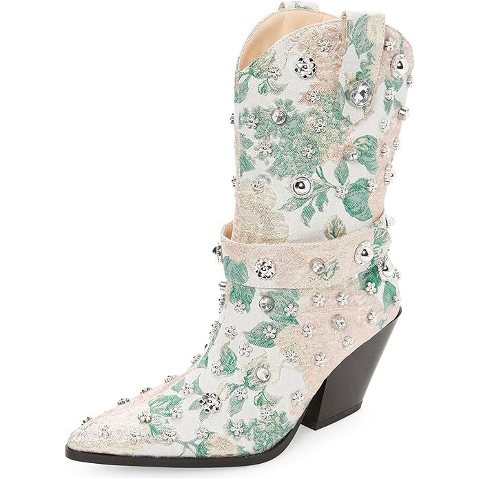Tuhoomall Western Floral Embroidered Rhinestone Mid Calf Boots for Women, Chunky Heel, Water-Resistant Satin, Stylish for Spring Autumn Winter
