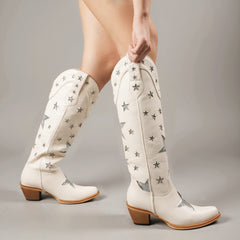 Tuhoomall Black Western Cowgirl Boots With Star Inlay, Chunky Heeled Mid Calf Design, Versatile Style For Weddings And Outdoor Events