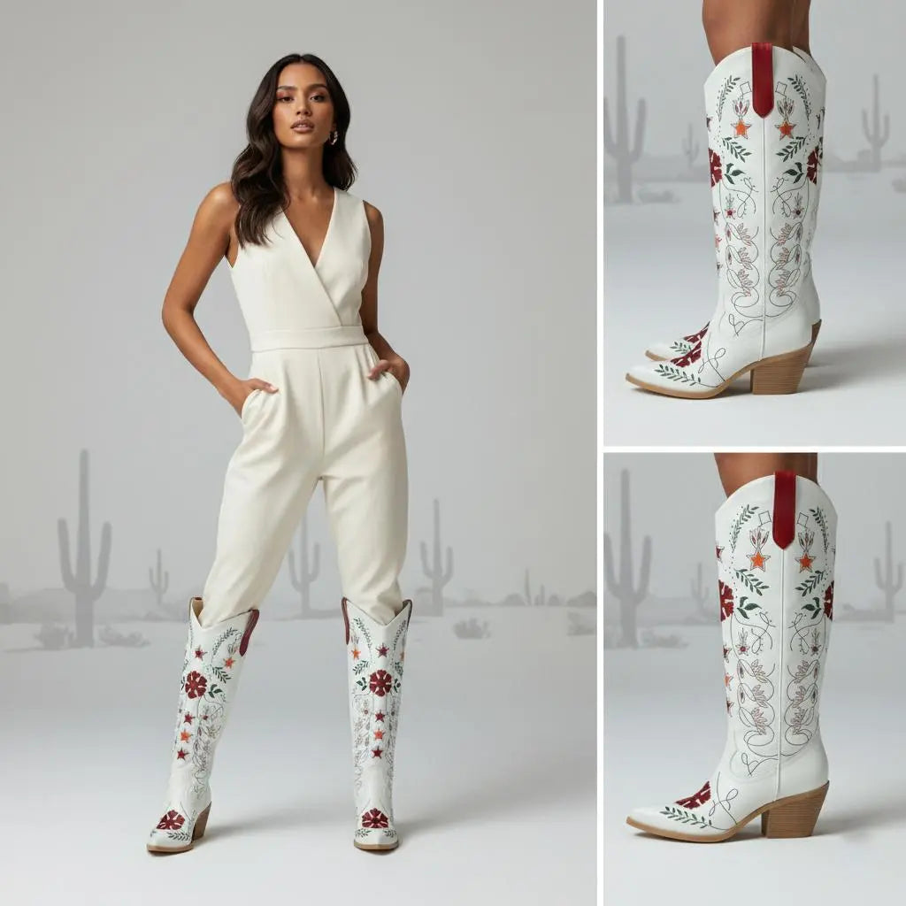 Tuhoomall Western Cowboy Knee-High Boots with Floral Embroidery, Chunky Heels for Fashion, Outdoor and Casual Wear, Unique Hollow Design, All-Season Ready Tuhoomall