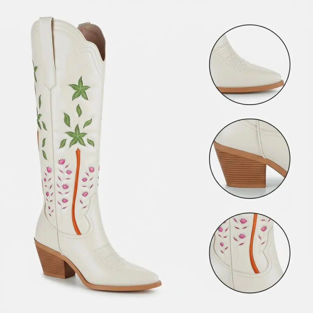 Tuhoomall Desert Style Floral Embroidered Knee-High Boots, Chunky Heel for Vintage Casual Looks and Theme Parties Tuhoomall